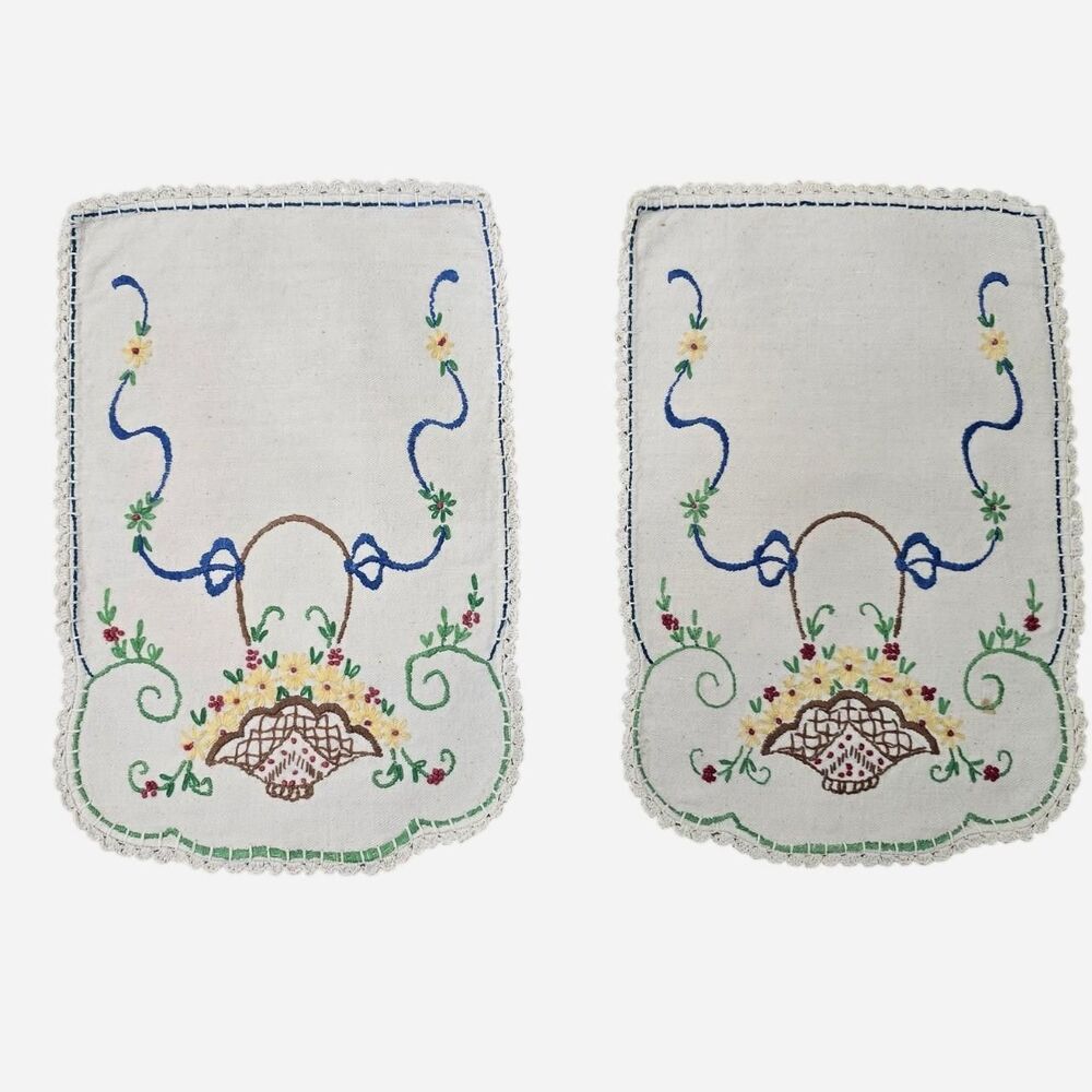 Vintage Art Deco hand-embroidered linen doilies dresser scarves/armrest covers